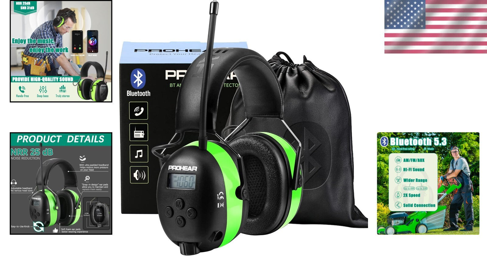 Premium 5.3 Bluetooth Earmuffs with AM/FM Radio & Rechargeable Battery - Green
