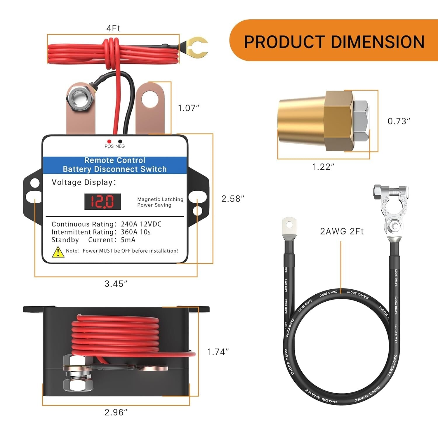 12V 360A Remote Battery Disconnect Switch with LED Voltmeter - Anti-Theft