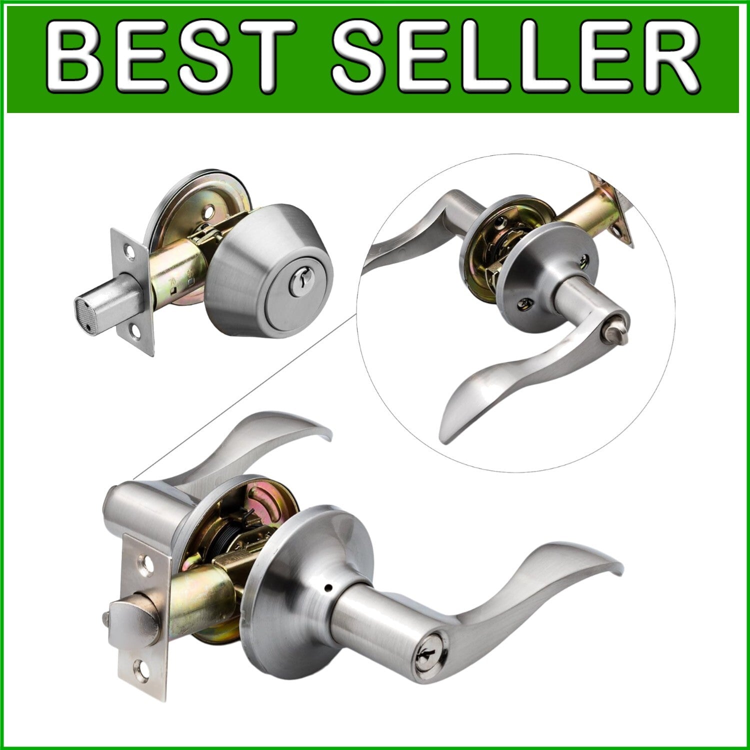 Alloy Steel Reversible Lever Handle & Adjustable Deadbolt Set in Satin Finish