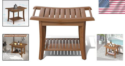 Waterproof Bamboo Shower Stool with Storage Shelf - Elegant Walnut Finish