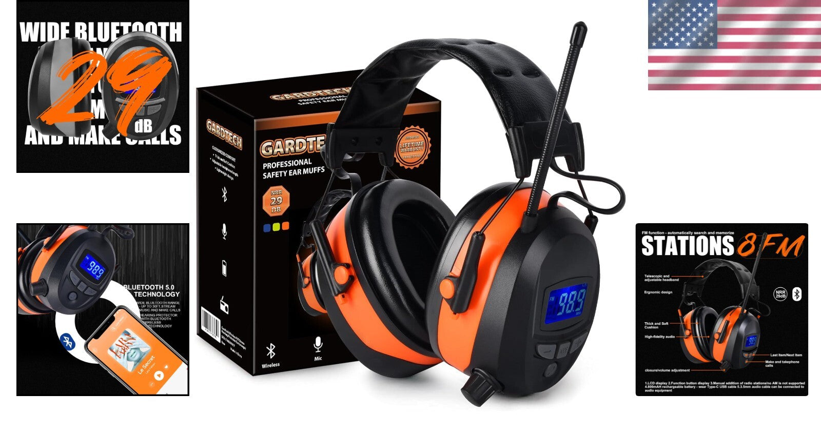 Bluetooth 5.0 Hearing Protection with FM Radio & NRR 29dB - Perfect for Mowing