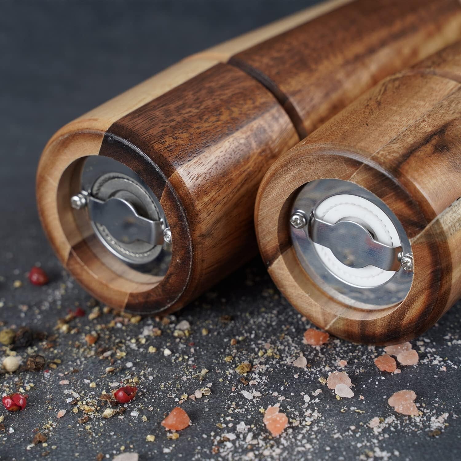 Elegant Salt & Pepper Mill Set with Tray - Adjustable Acacia Wood Grinders