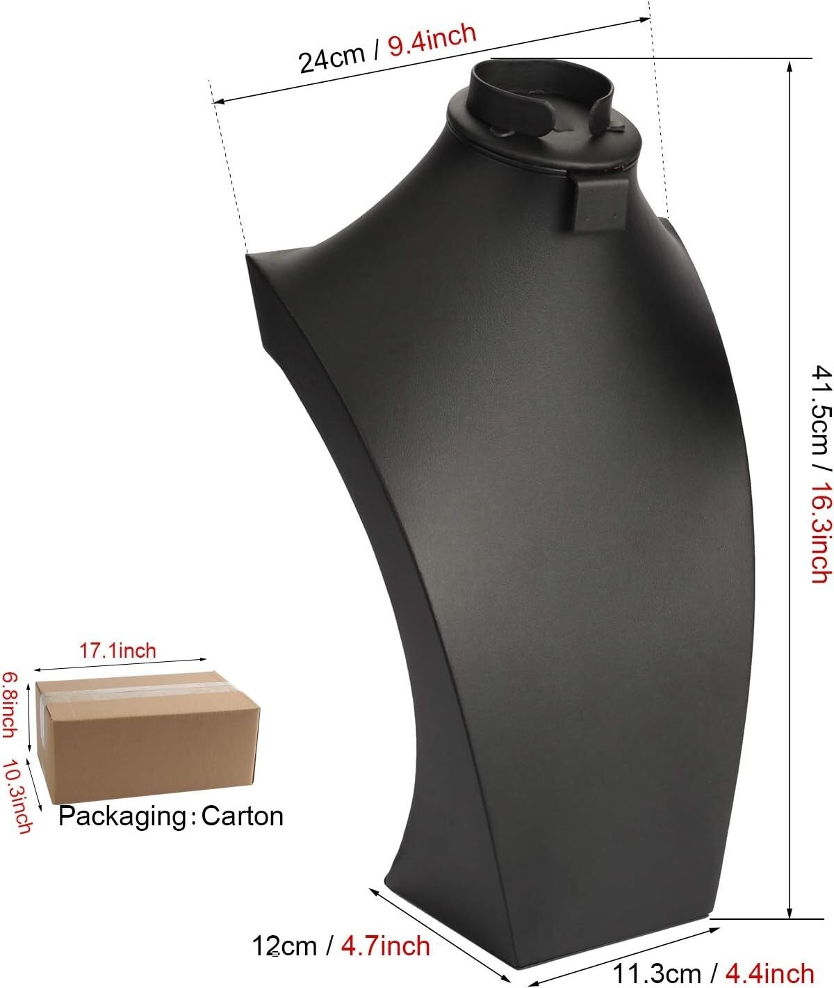 16.3" Tall Luxury Black Jewelry Bust for Necklaces, Rings, and Bracelets Display