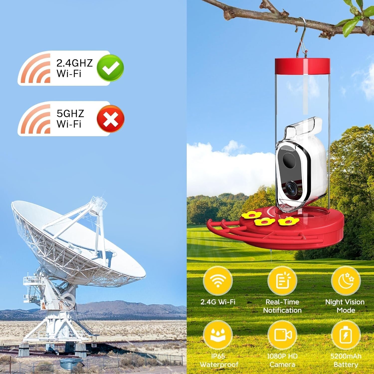 20 Oz Hummingbird Feeder with AI Camera - Instant Notifications & Easy Refill