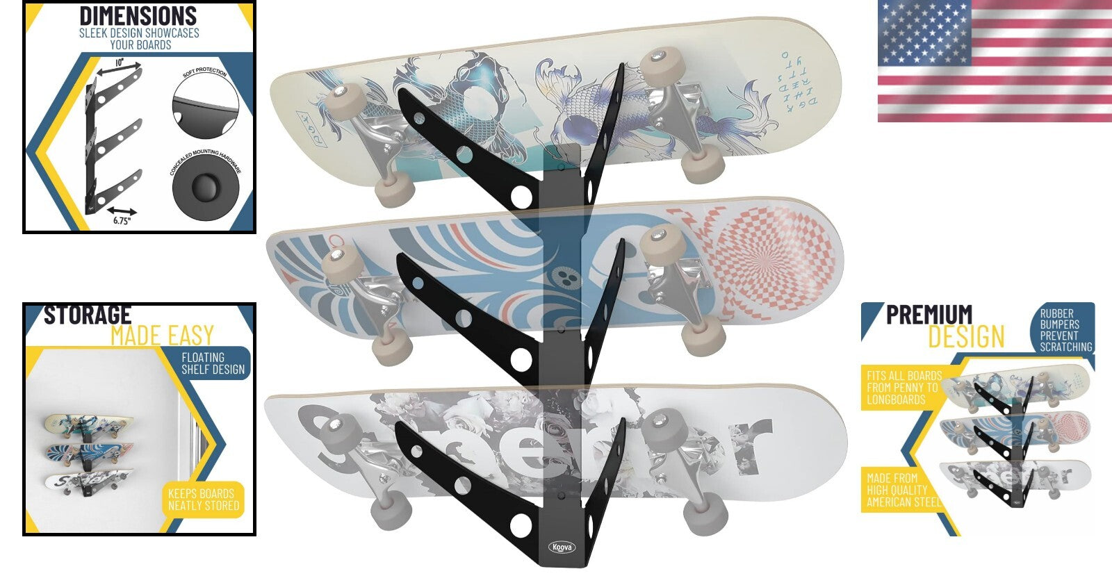 Creative 3 Board Wall Rack – Space-Saving Skateboard & Scooter Display Holder