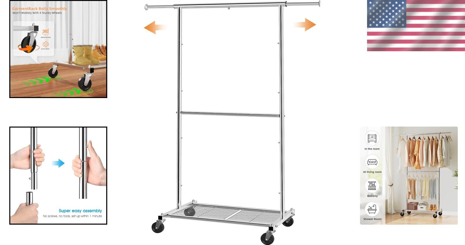 Versatile Rolling Clothes Organizer with Chrome Finish & Adjustable Height Rod