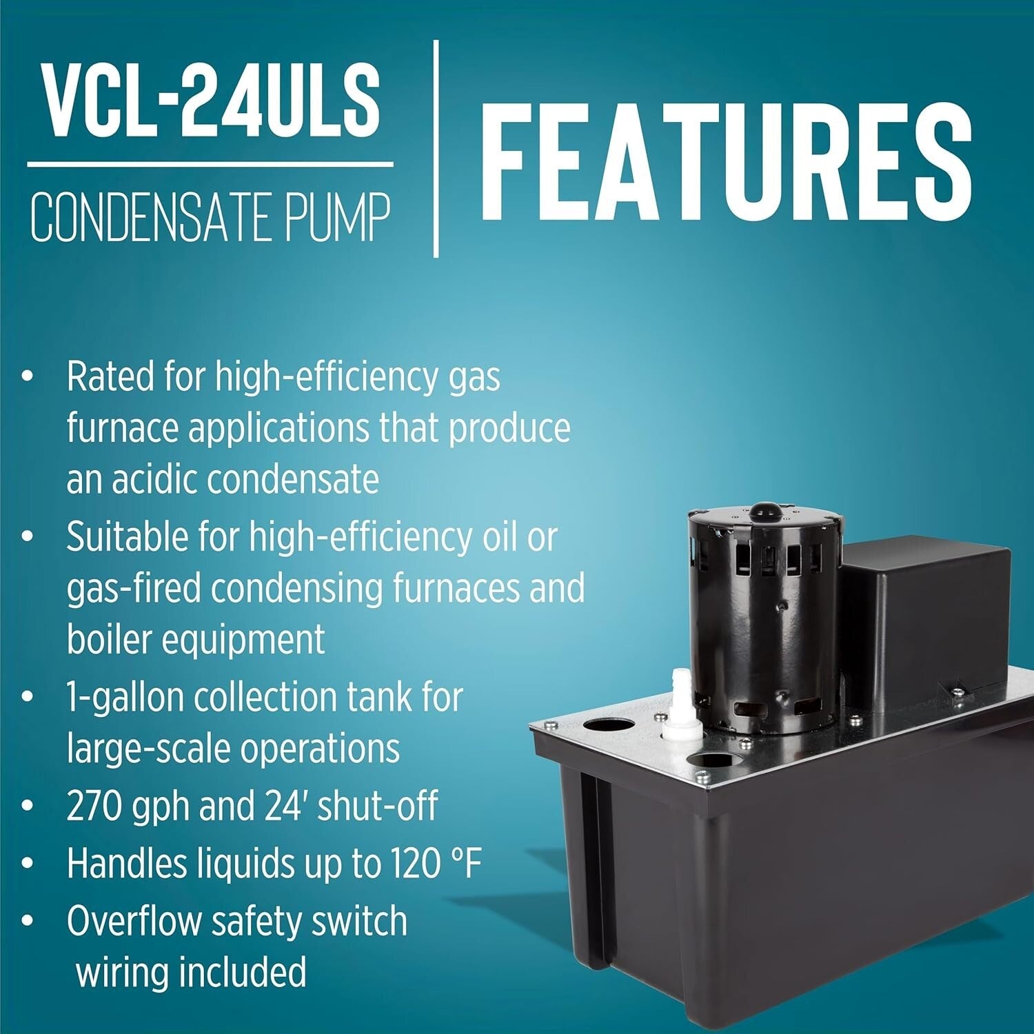 High-Efficiency 115V Condensate Removal Pump - 270 GPH with Overflow Protection