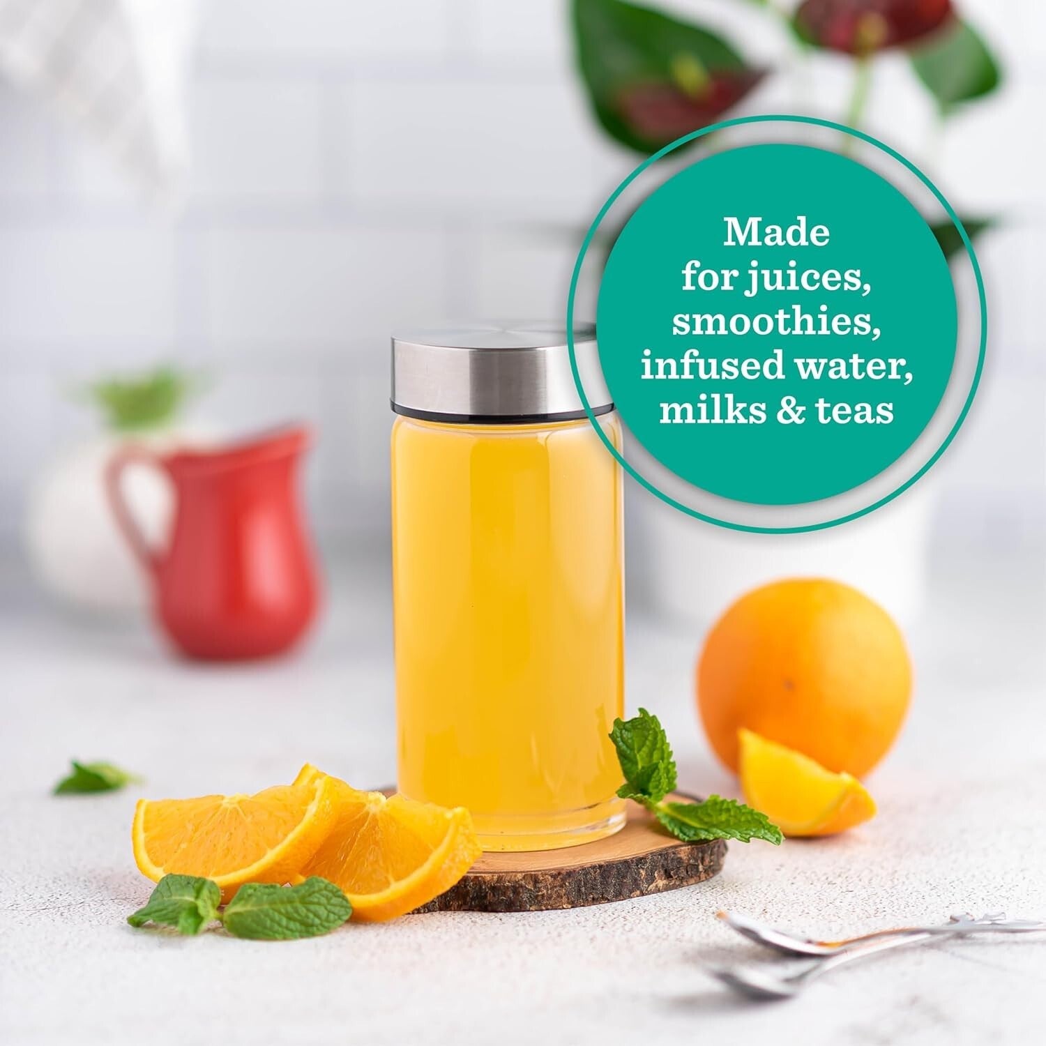 10oz Wide Mouth Glass Bottles with Stainless Steel Lids - Leakproof Beverage Set