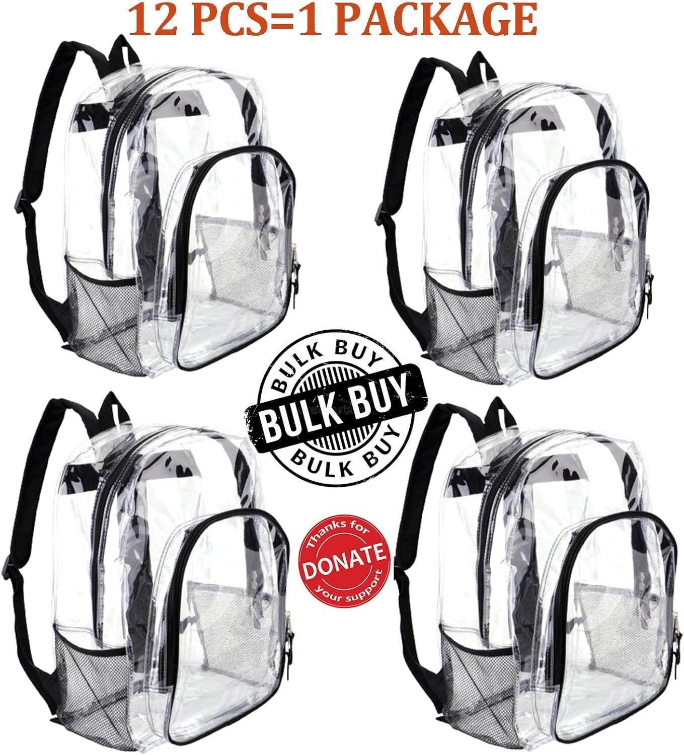 Bulk Clear See-Through Backpacks, 12 Pack for Kids - Large Capacity PVC Bags