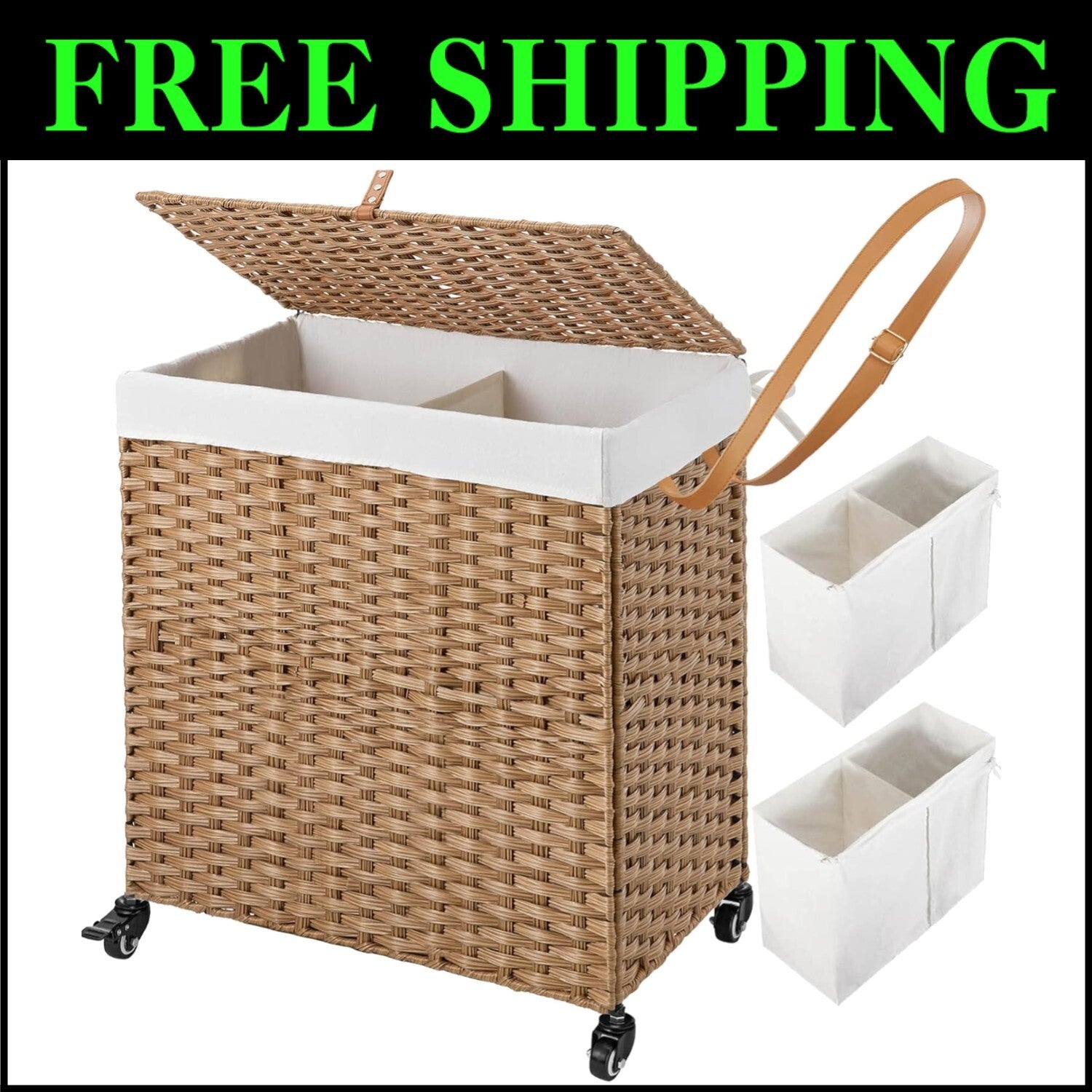 Elegant 110L Divided Laundry Basket with Wheels - Waterproof and Easy-Clean