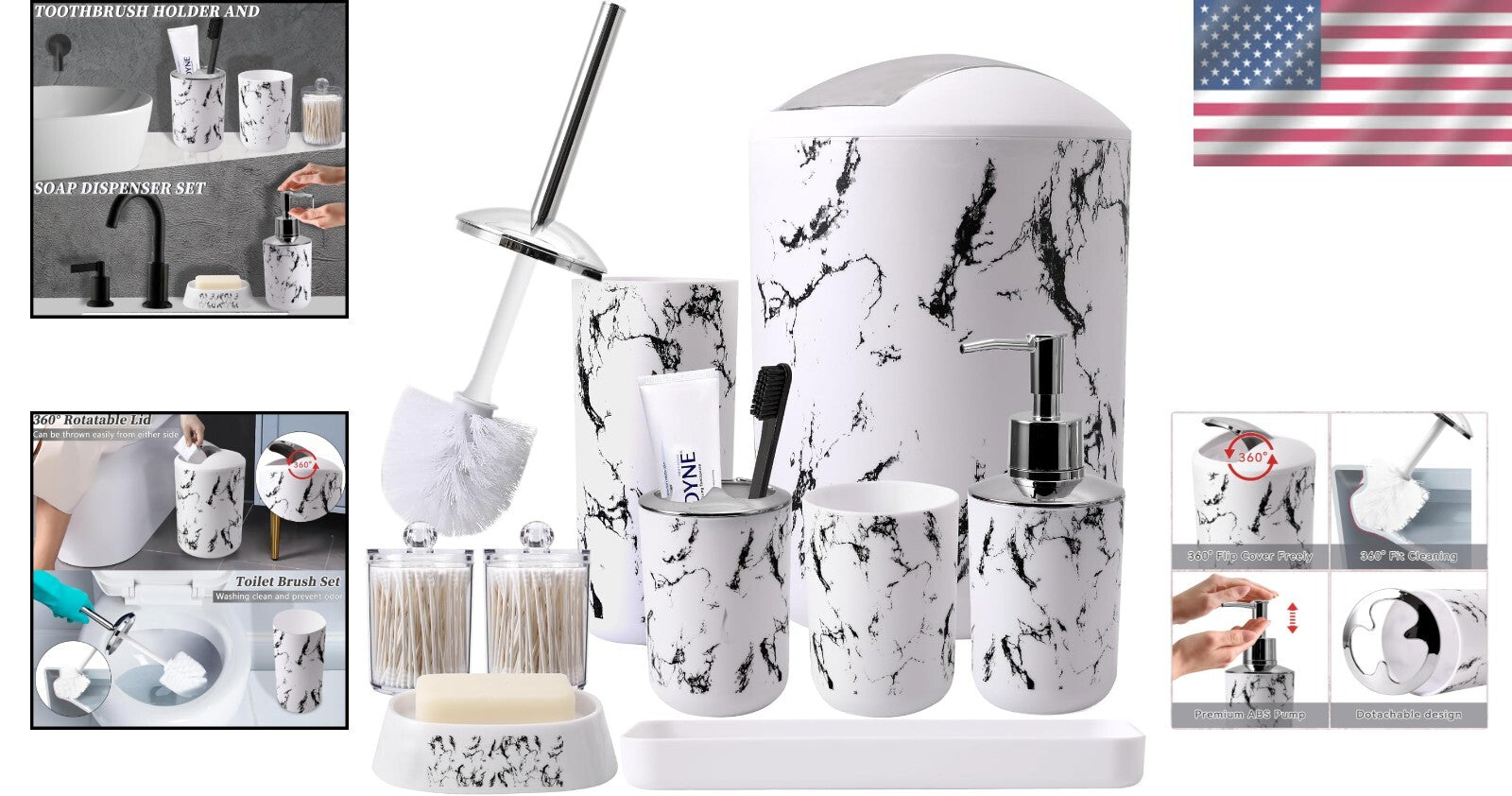 Complete White Marble Bathroom Collection - Trash Can, Soap Dispenser & More