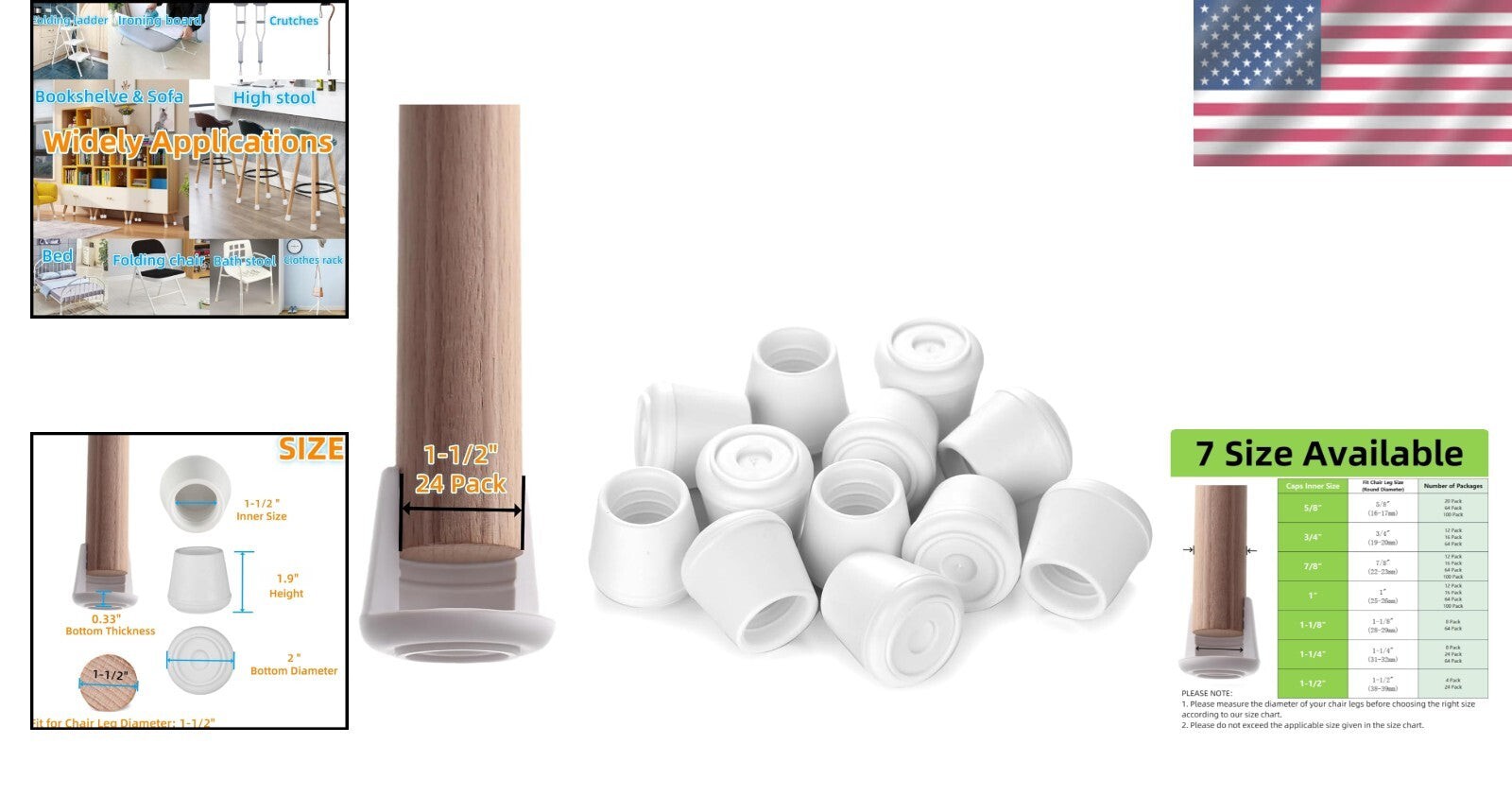 24-Pack Non-Slip Rubber Chair Leg Caps - 1-1/2" Floor Protectors for Hardwood