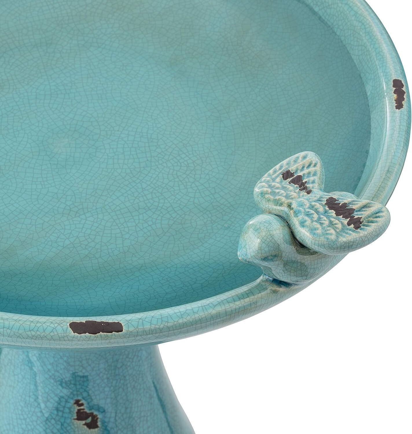 25" Antique Turquoise Ceramic Birdbath with 2 Figurines for Birds & Garden Charm