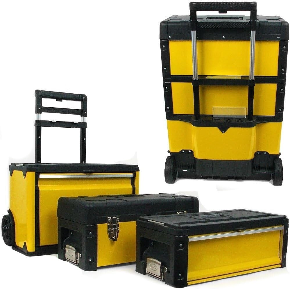 Ergonomic Rolling Tool Organizer - Stackable 3 Compartment Chest for Workshops