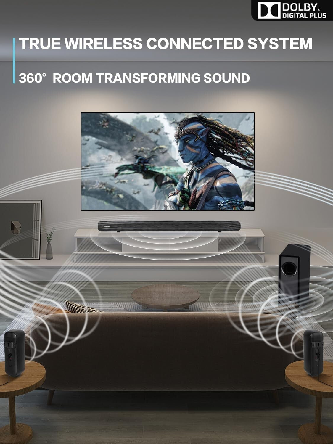 Dolby Surround Sound System with Wireless Subwoofer & Multi-Device Support
