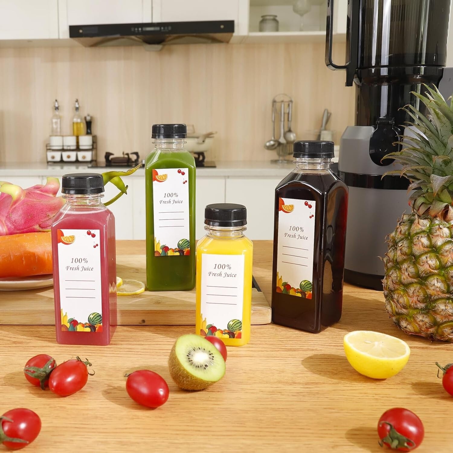 Premium 12 Oz Clear PET Juice Bottles - 150 Pack with Funnels & Cleaning Brushes