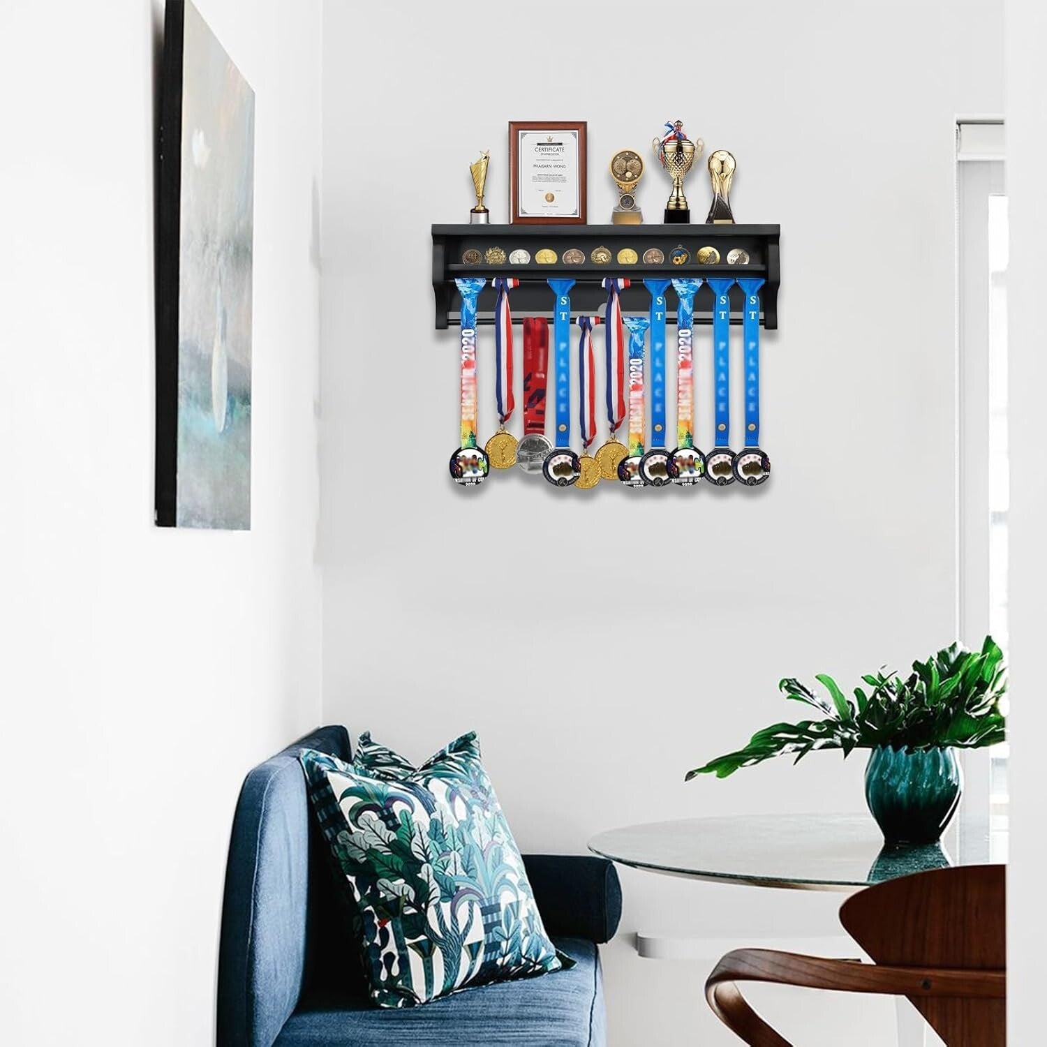Elegant Solid Wood Wall Mount Medal Display Rack - Showcase Your Achievements