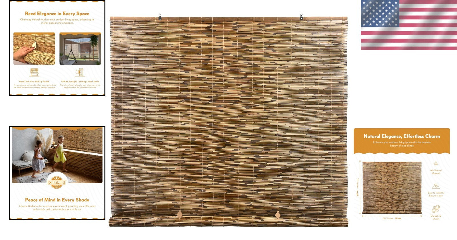 60" W x 72" L Cordless Bamboo Shades - Stylish Semi-Sheer Coverage for Patios