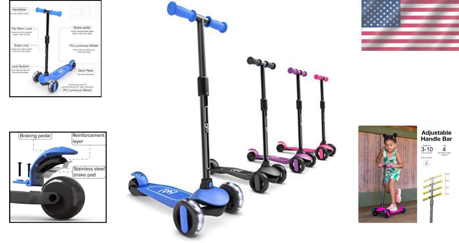 Durable Toddler Scooter with Adjustable Height & Cool Flashing Wheels - 110 lbs