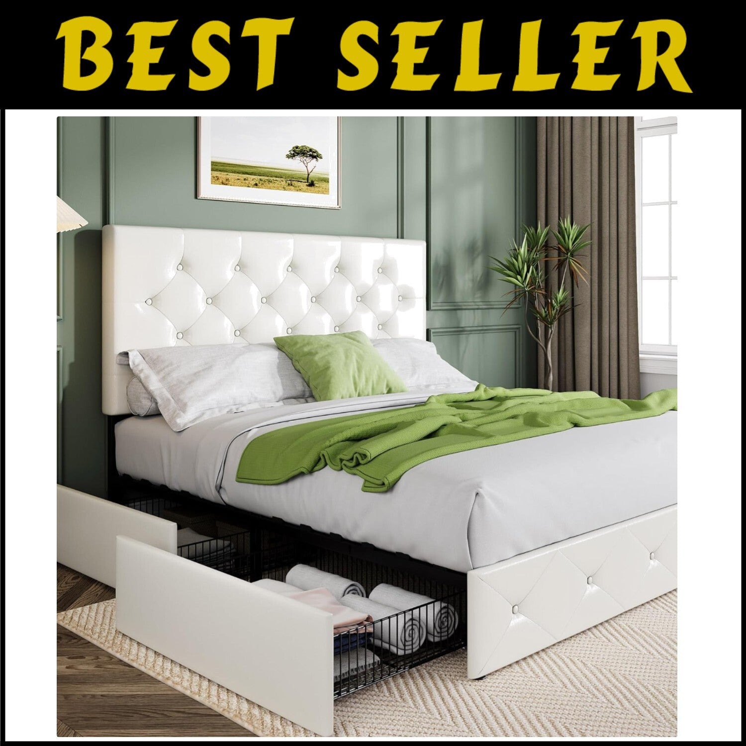Elegant Full Size Upholstered Platform Bed with Storage Drawers - No Box Spring