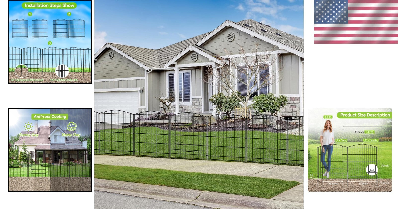 Elegant Decorative Metal Garden Fence with 12 Panels & Gate, 23.6ft L x 30in H