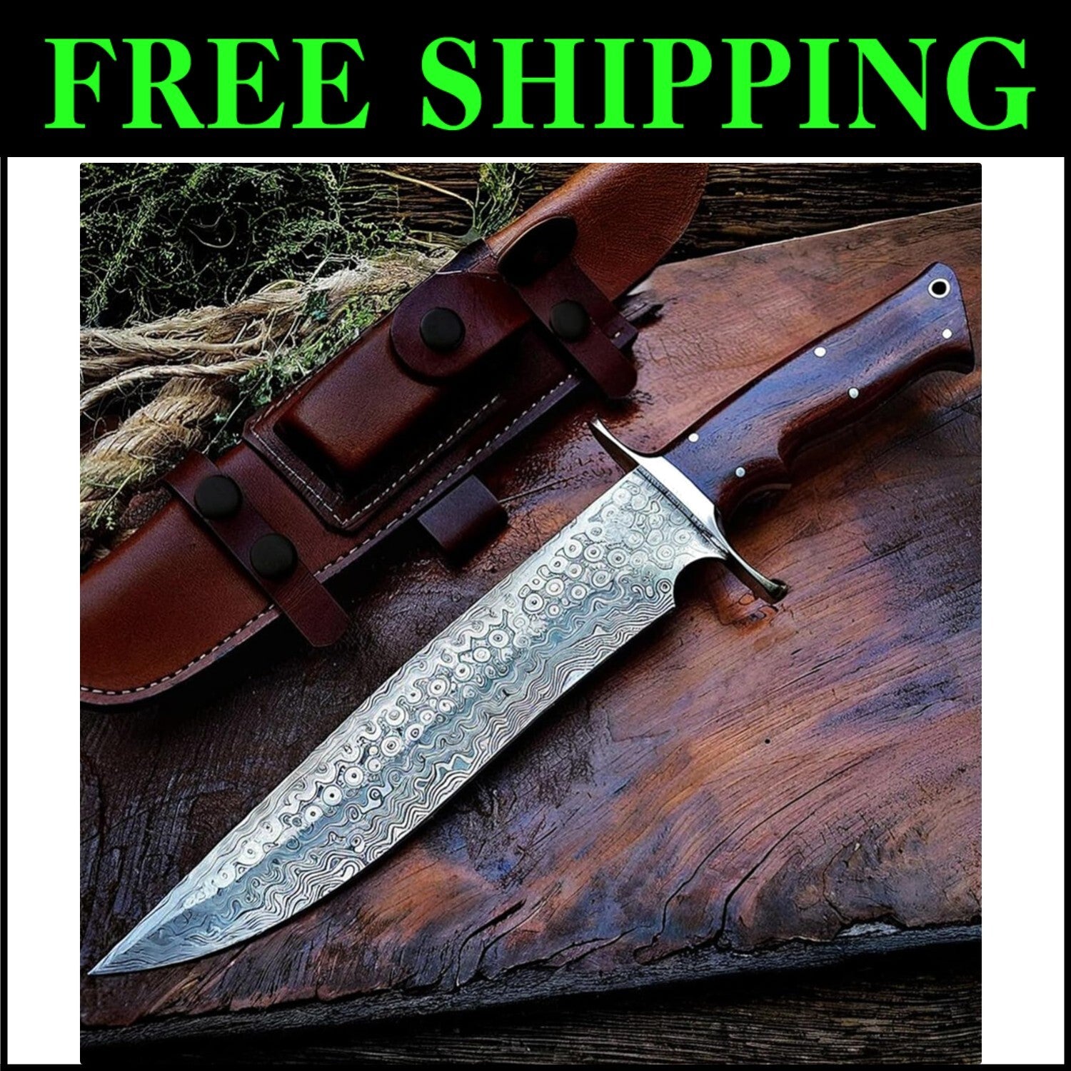 Rust-Resistant 9" Blade Fixed Outdoor Knife with Walnut Handle & Leather Sheath
