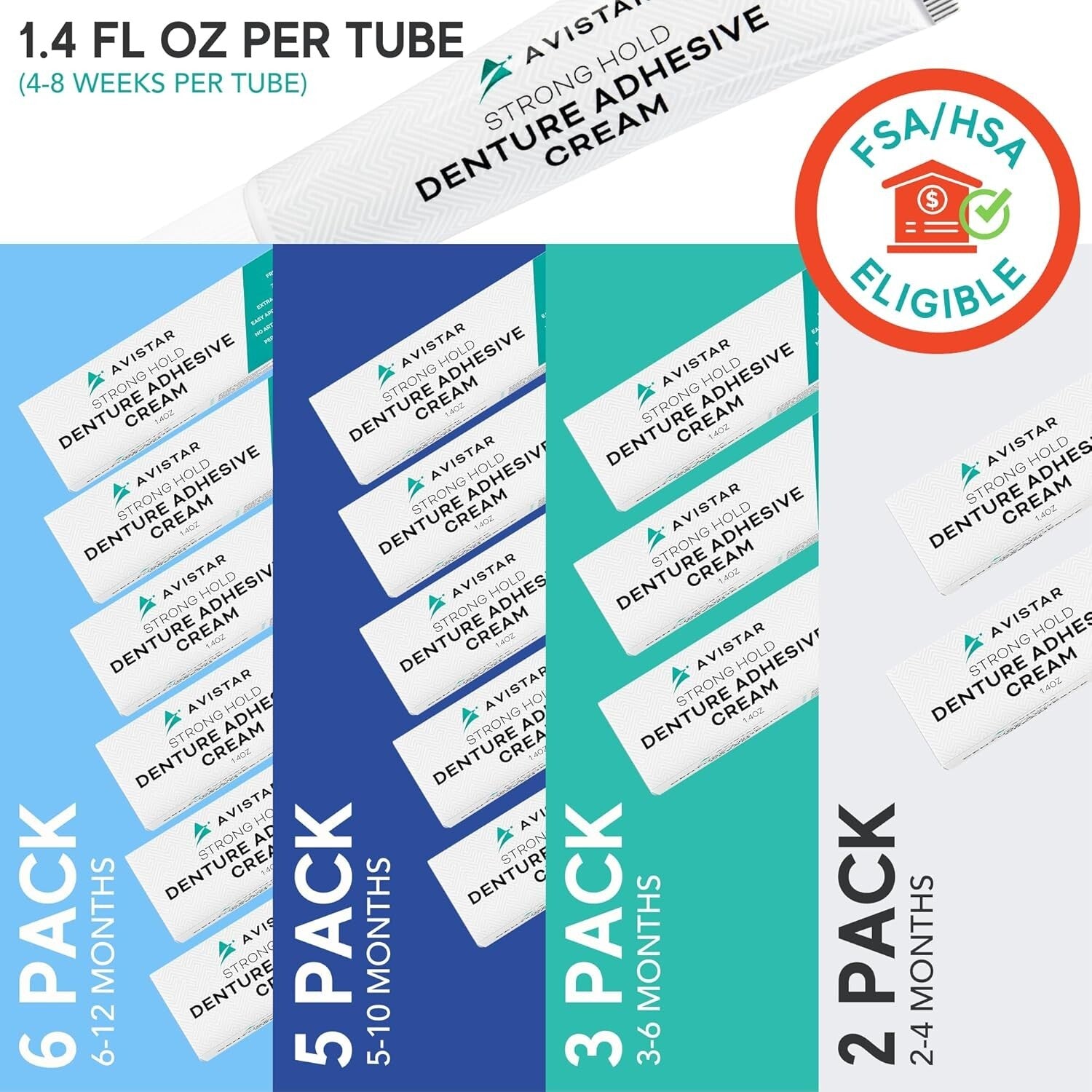 Extra Strong Denture Adhesive Cream, 12-Hour Hold, Waterproof Mint Flavor 6-Pack