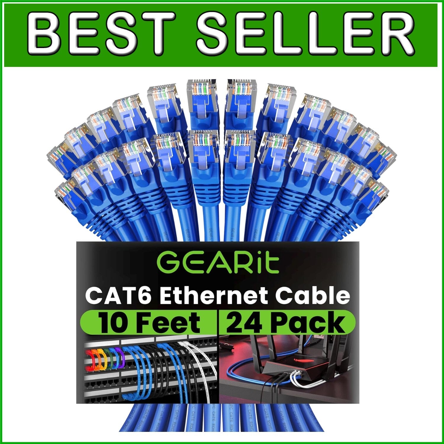 Durable 24-Pack Cat 6 Ethernet Patch Cords - 10 Feet, Snagless & ETL Verified