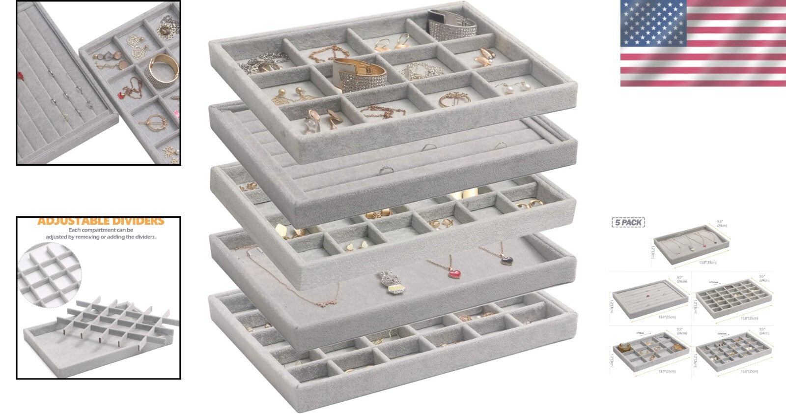 5-Pack Stackable Velvet Jewelry Trays - Elegant Organizer for All Jewelry
