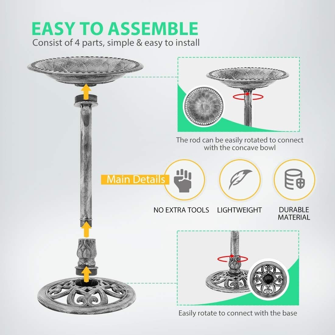 Durable 20-Inch Diameter Garden Bird Bath with Elegant Antique Design - Gray