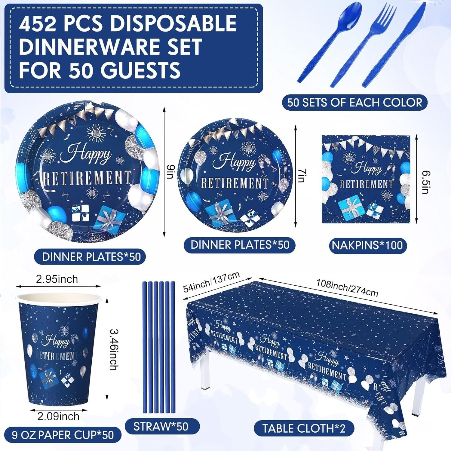 Durable 452 Pcs Retirement Decorations - Blue Silver Theme for Memorable Parties