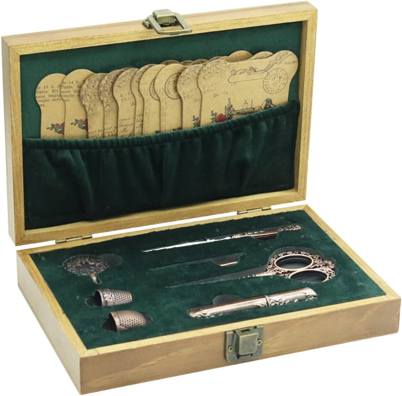 European Style Sewing Tools Set - Antique Scissors & Accessories in Wood Box