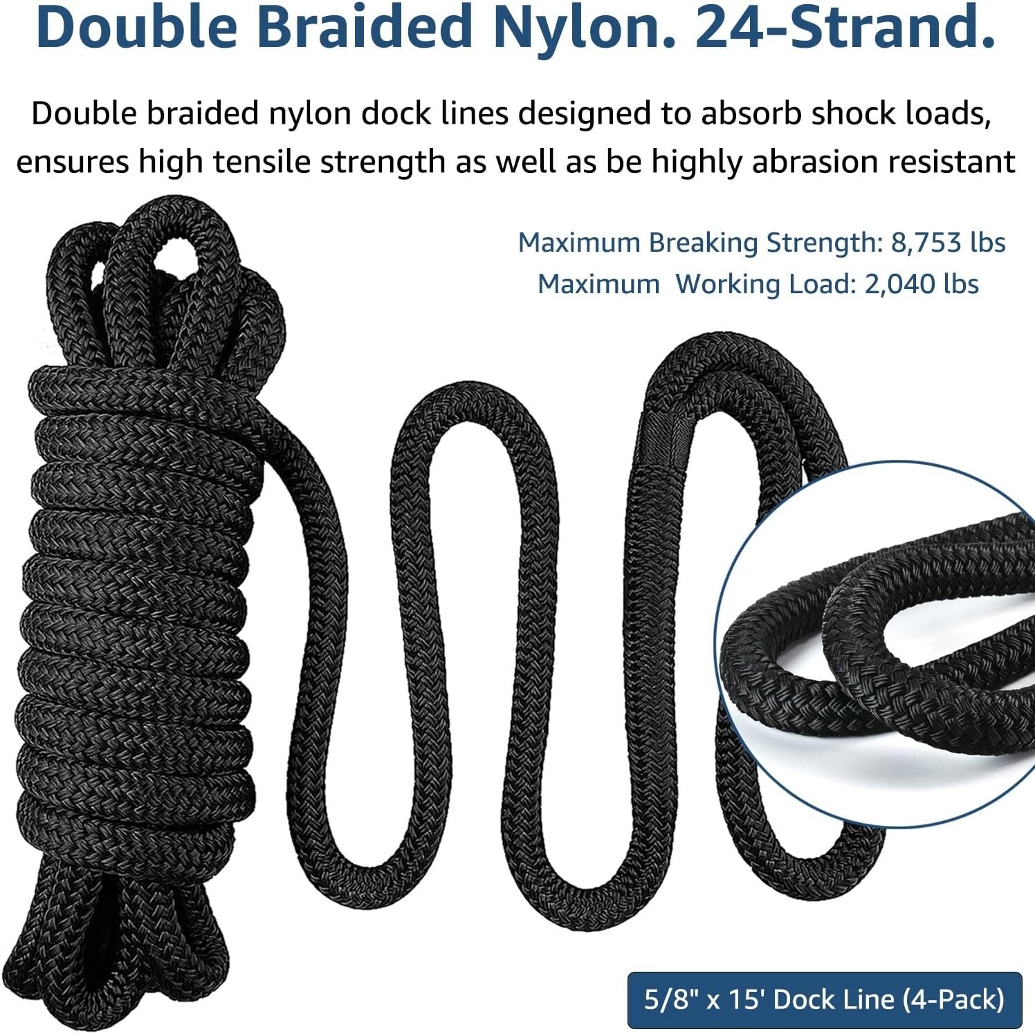 Double Braided Nylon Docking Lines 5/8" x 15' - Ultimate Strength & Durability