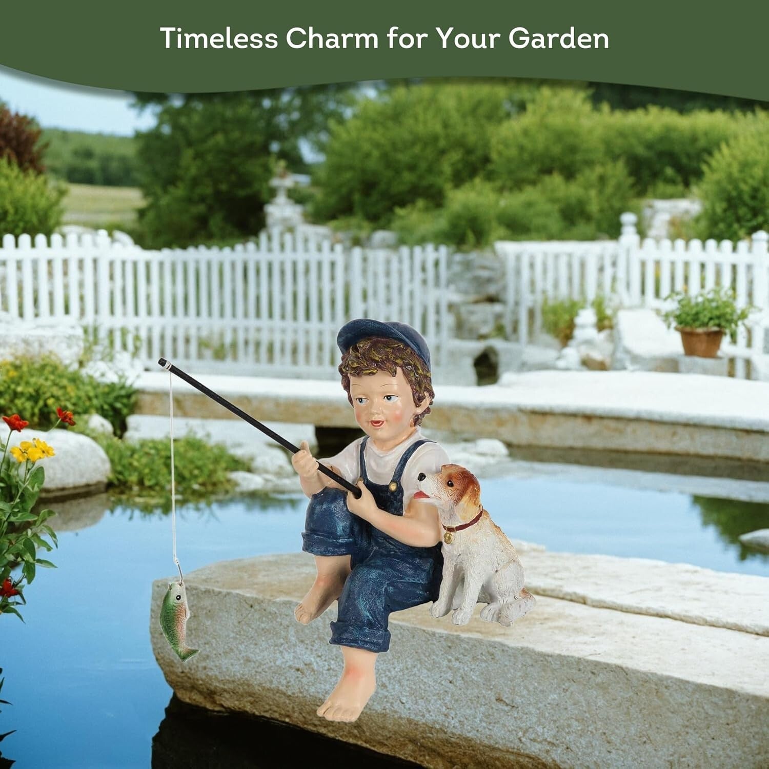 Endearing 10-Inch Fishing Boy & Dog Resin Statue for Enhanced Garden Charm