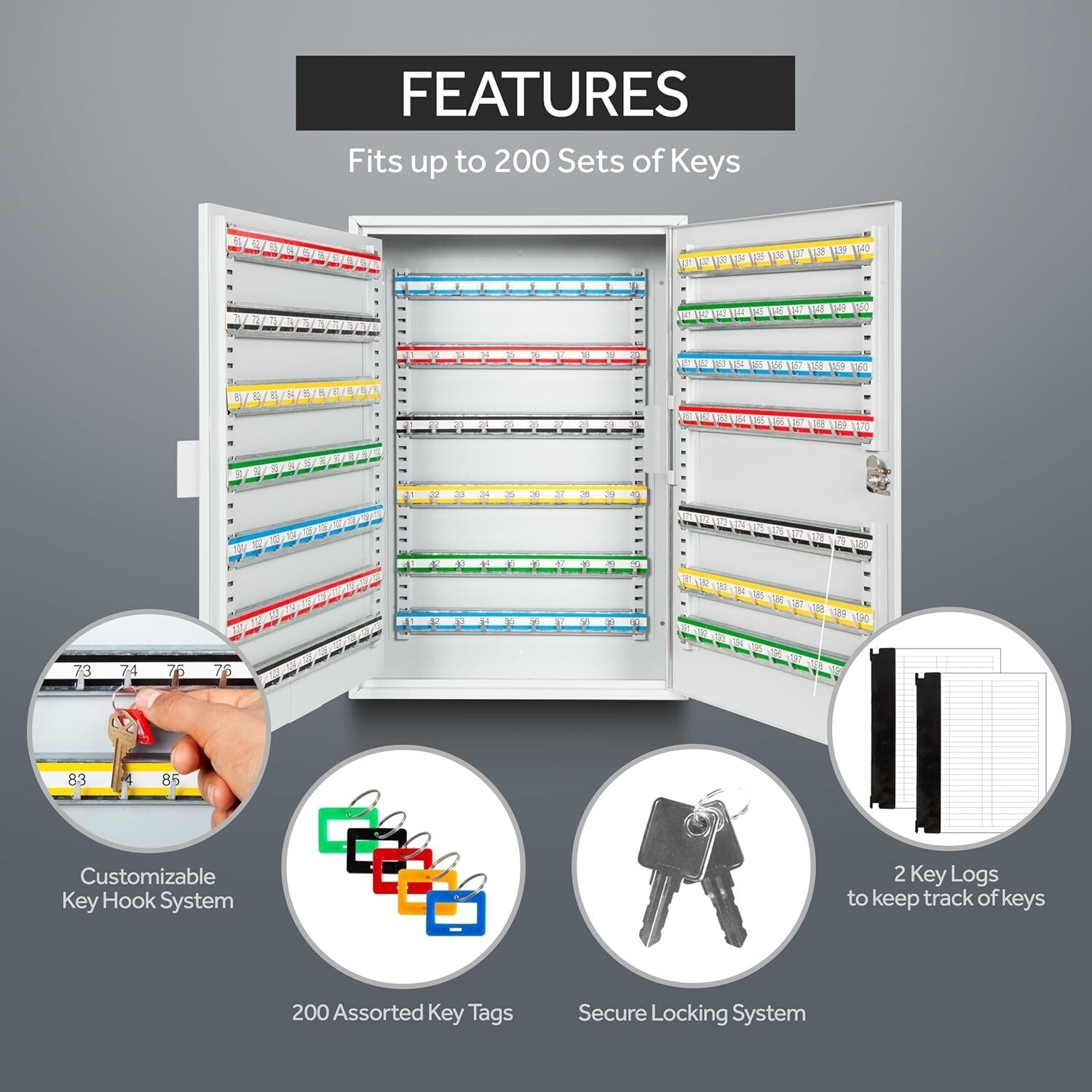 Adjustable Wall-Mount Key Box - 200 Numbered Hooks for Efficient Storage