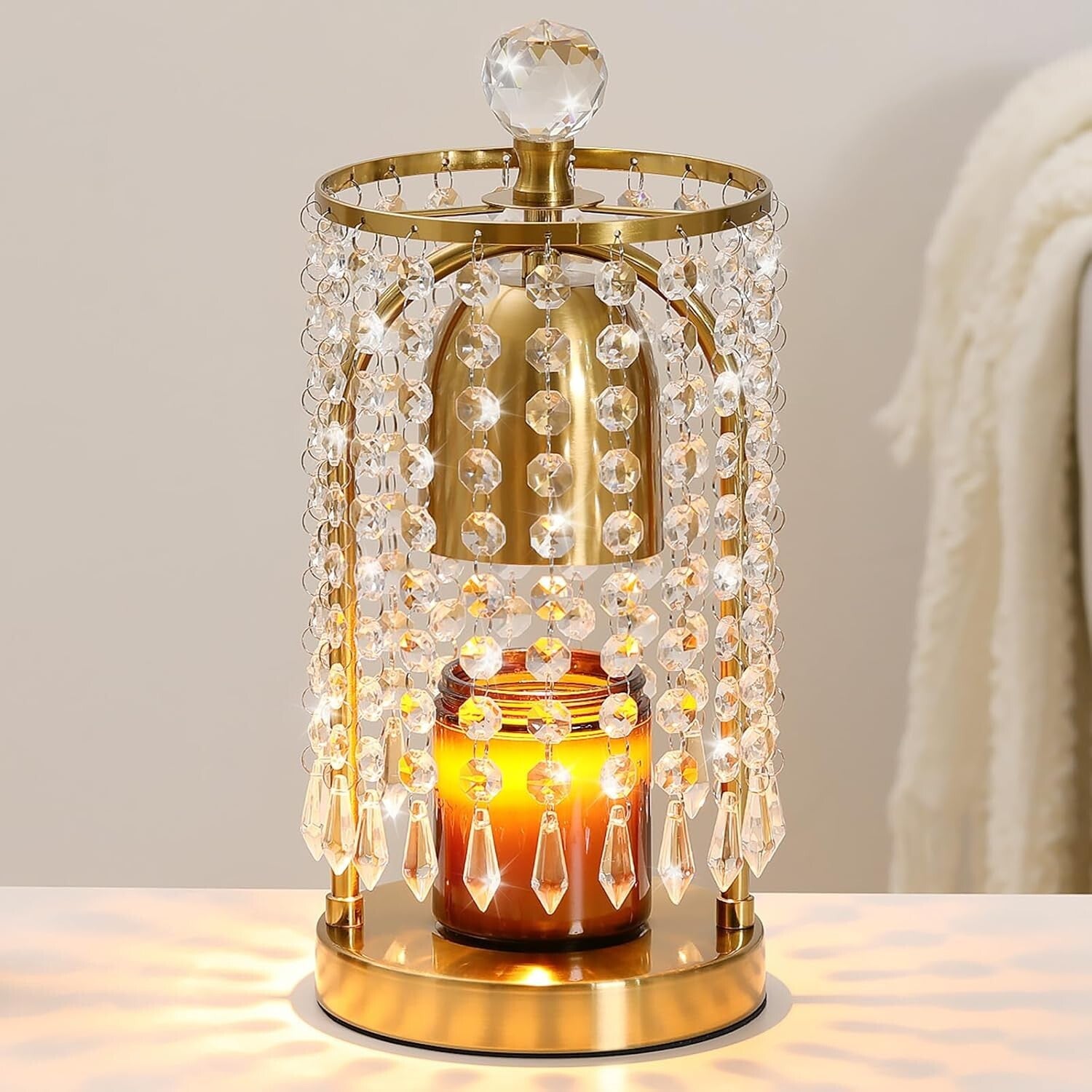 Candle Warmer with Timer & 2 Bulbs - Stylish Gold Crystal Decor for Home