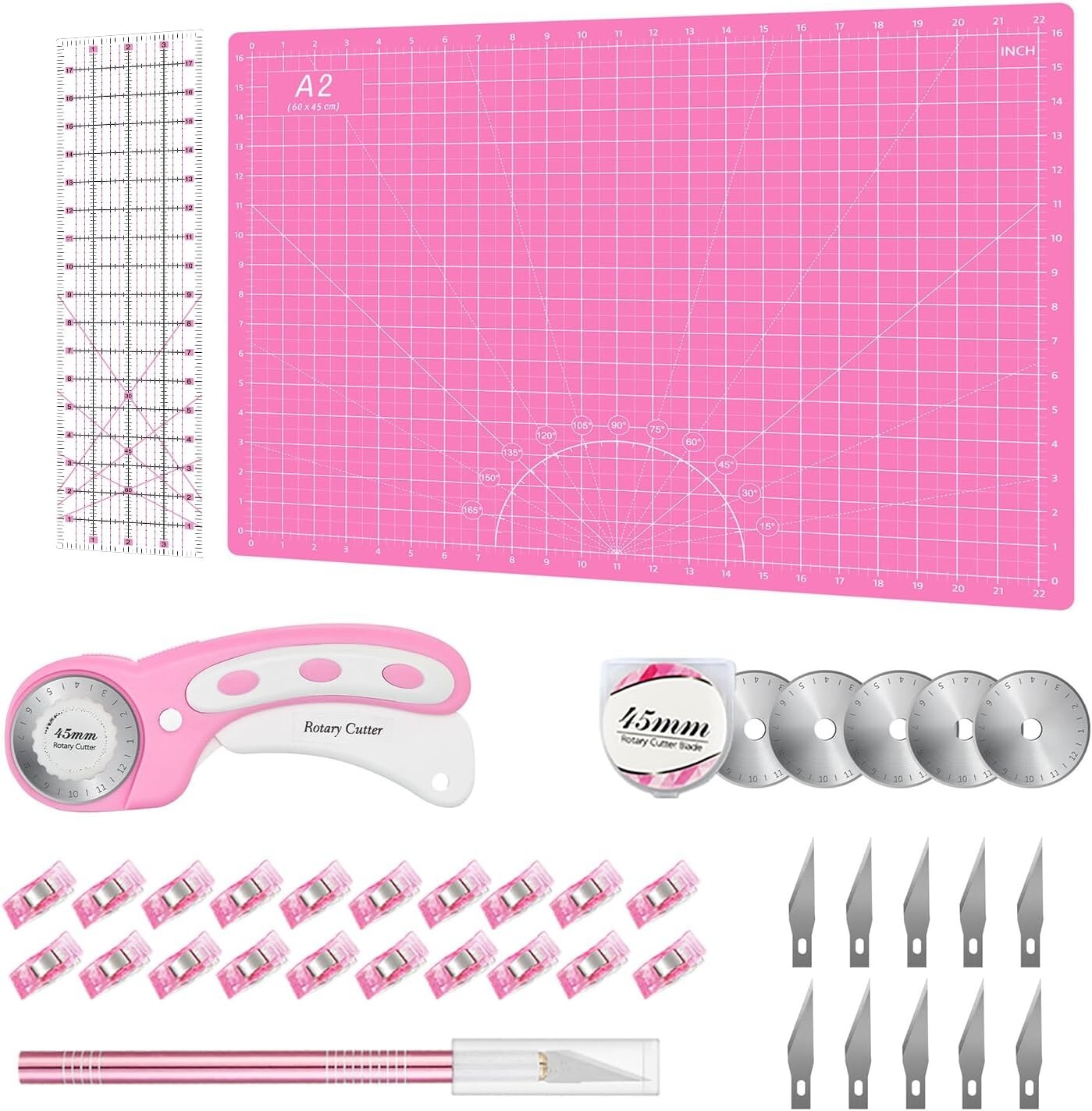 Ergonomic Pink Rotary Cutter Set for Quilting - Includes Cutting Mat & Ruler