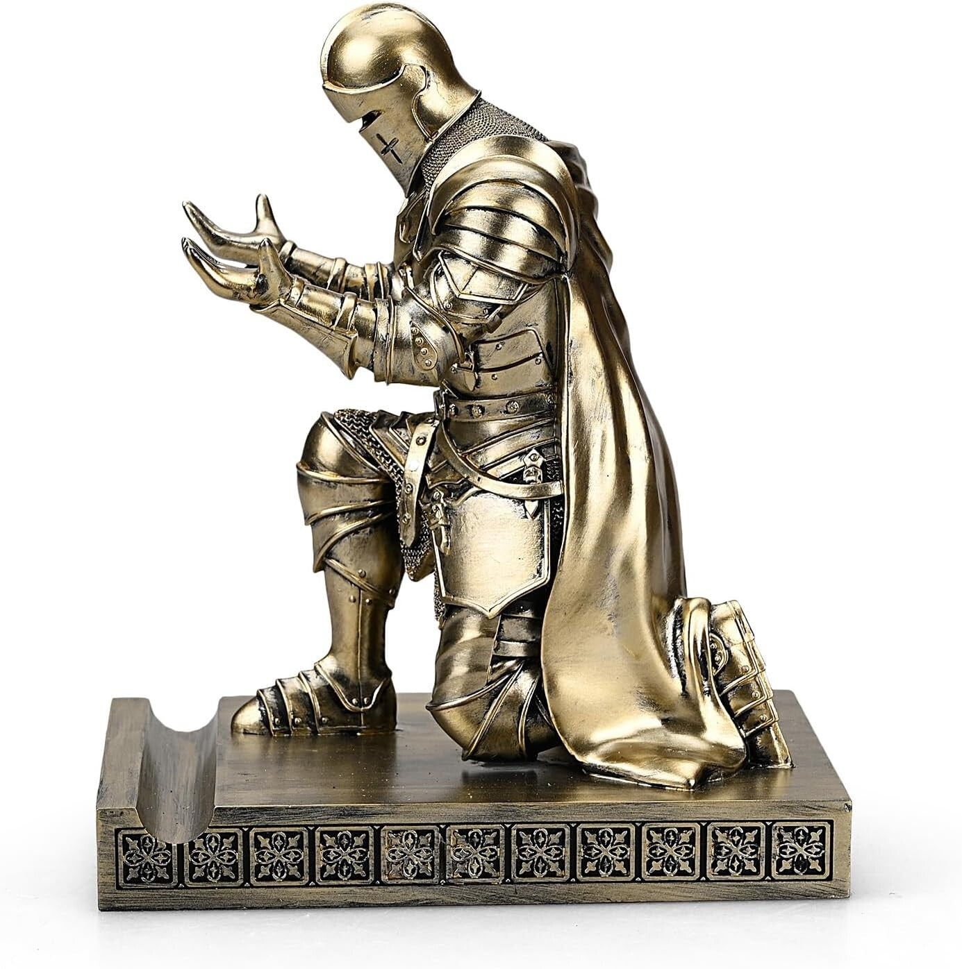 Elegant King's Guard Knight Pen Holder & Mobile Stand - Bronze Desk Ornament