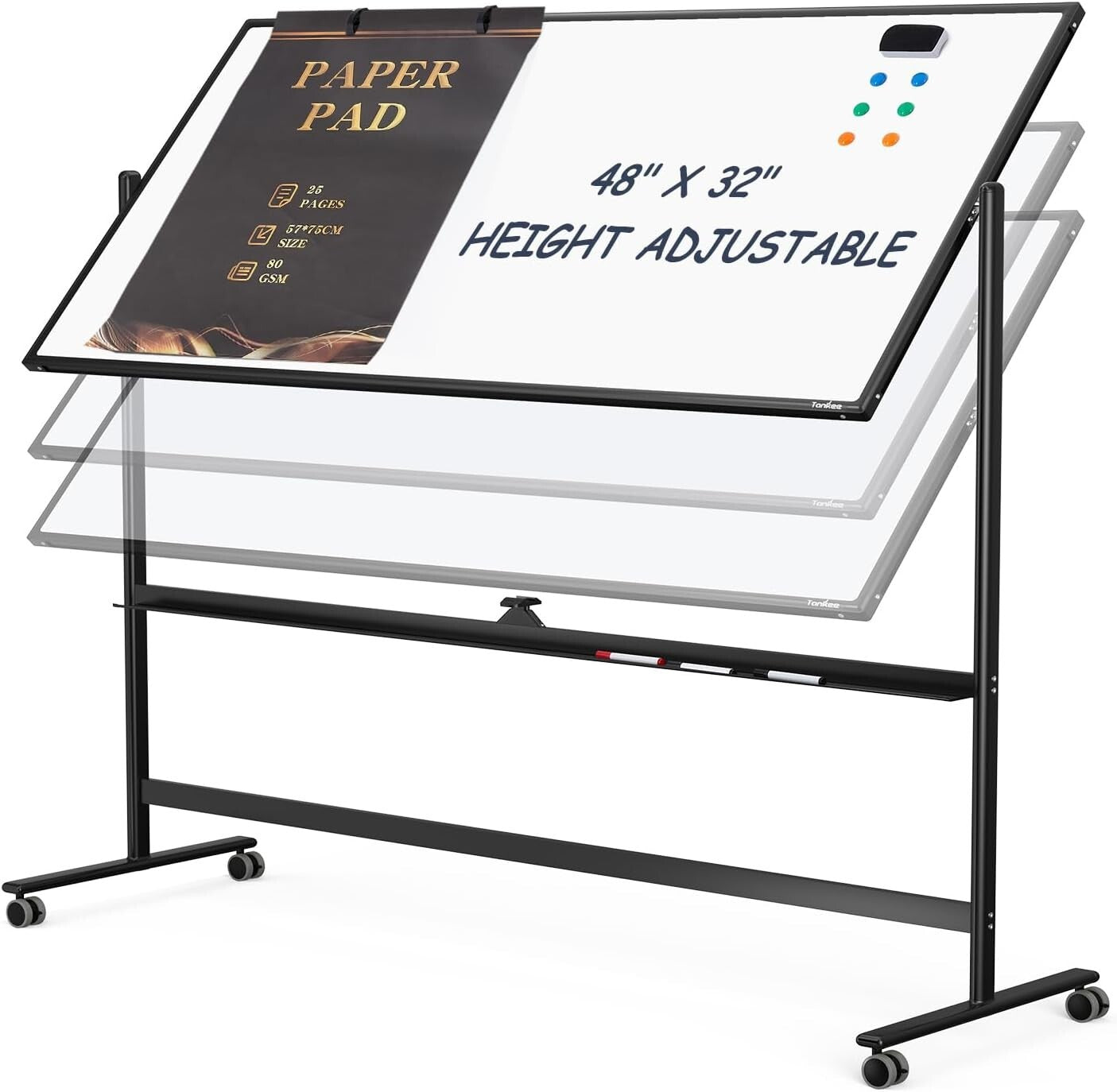 Versatile 48"x32" Reversible Dry Erase Whiteboard with Smooth Surface & Wheels