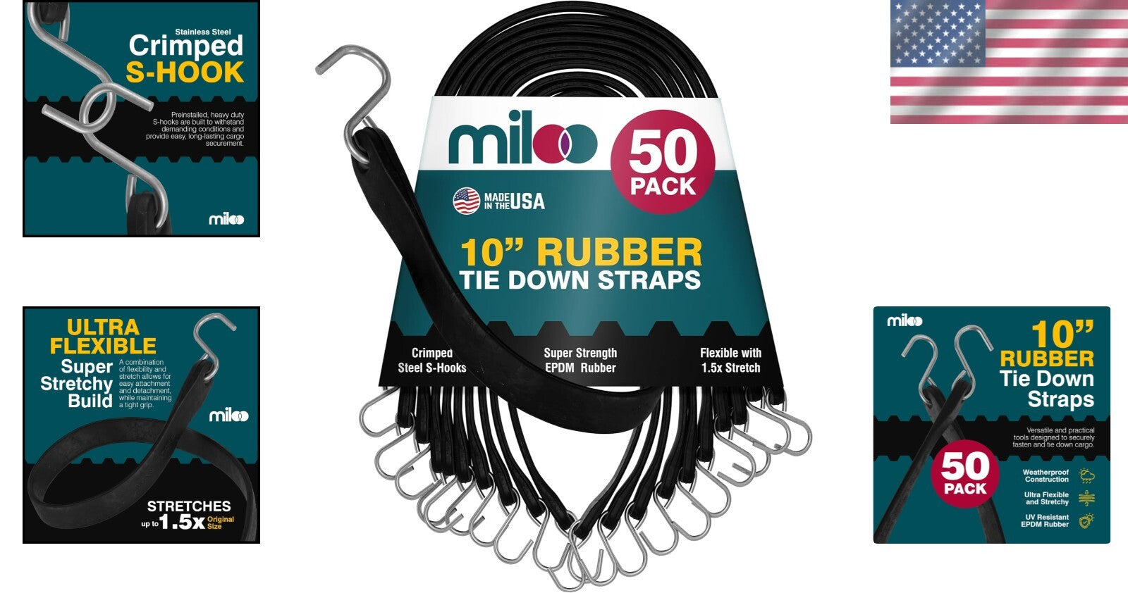 Versatile 10-Inch Rubber Bungee Straps - Heavy Duty Cargo Cords, 50 Count