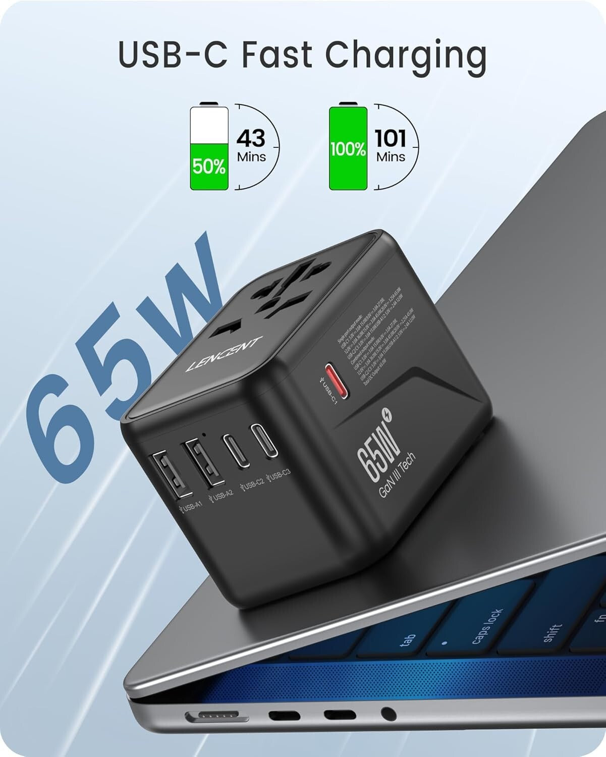 GaN III 65W Universal Travel Adapter - Fast Charging with USB & USB-C Ports