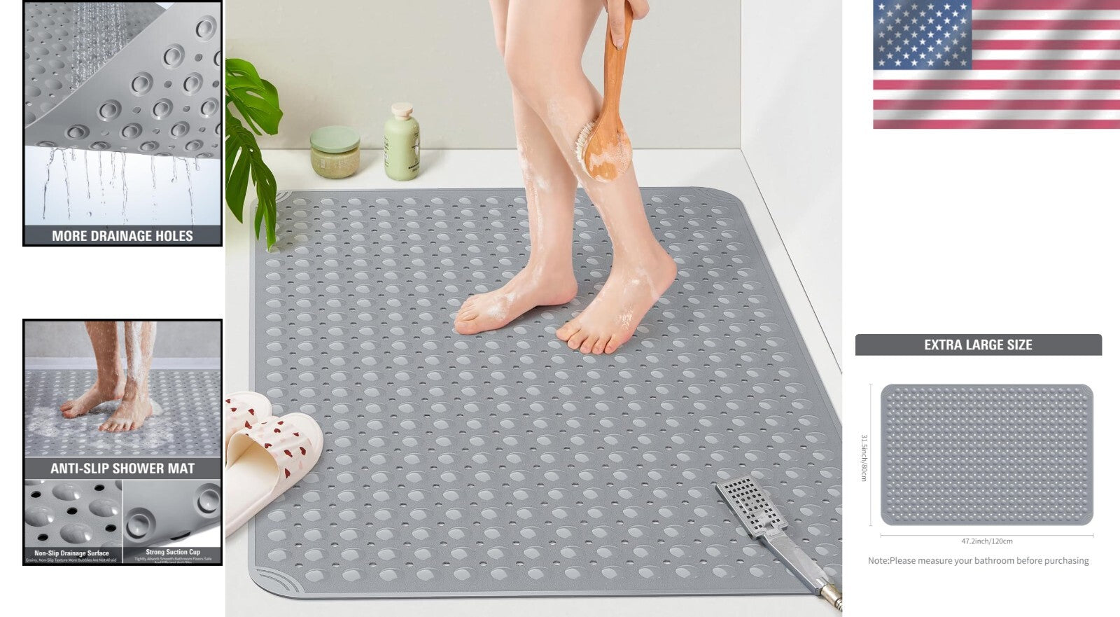 Durable Dark Grey TPE Anti-Slip Shower Mat with Suction Cups - 47.2"x31.5"