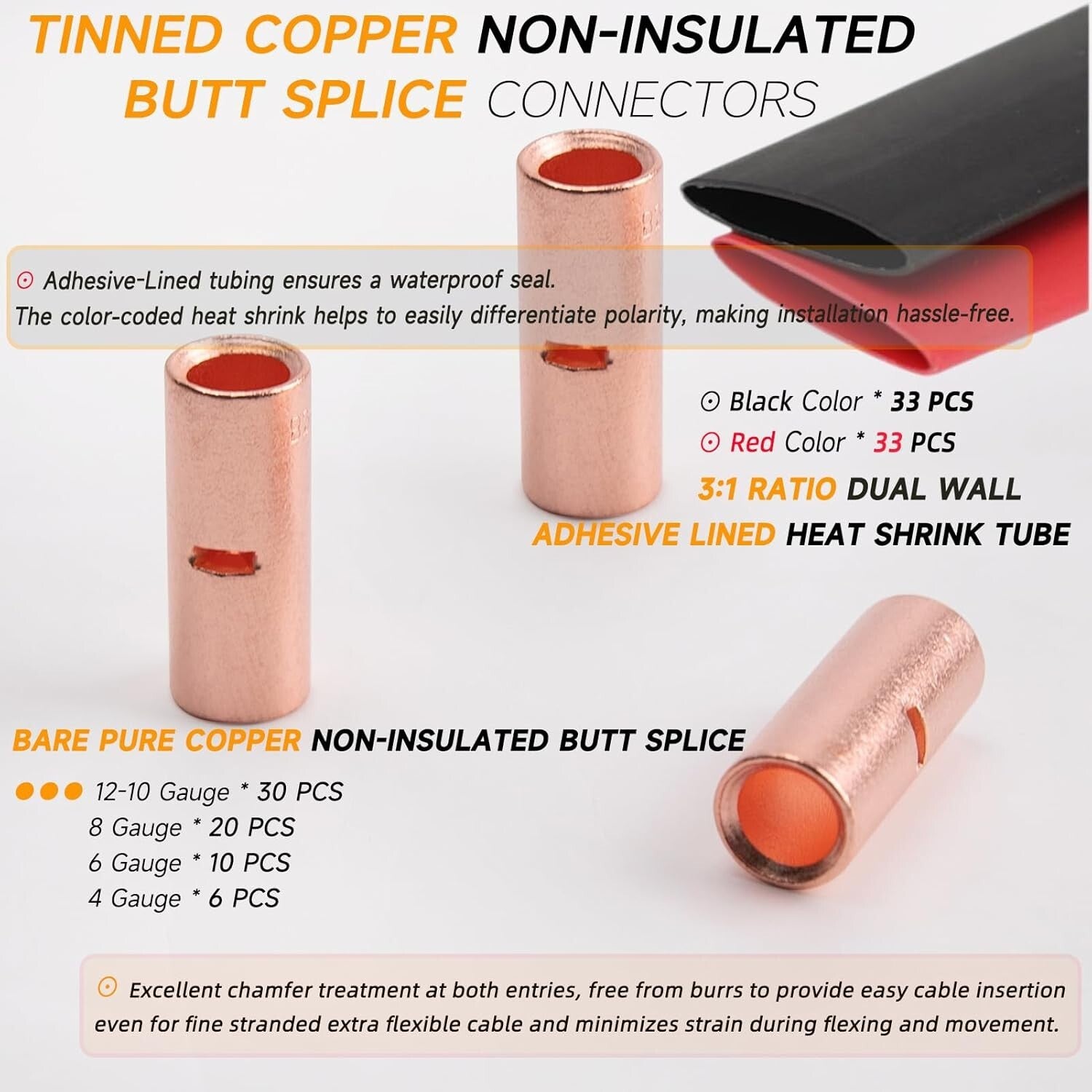 Versatile 132 PCS Non-Insulated Butt Splice Connectors - Crimp & Solder Options