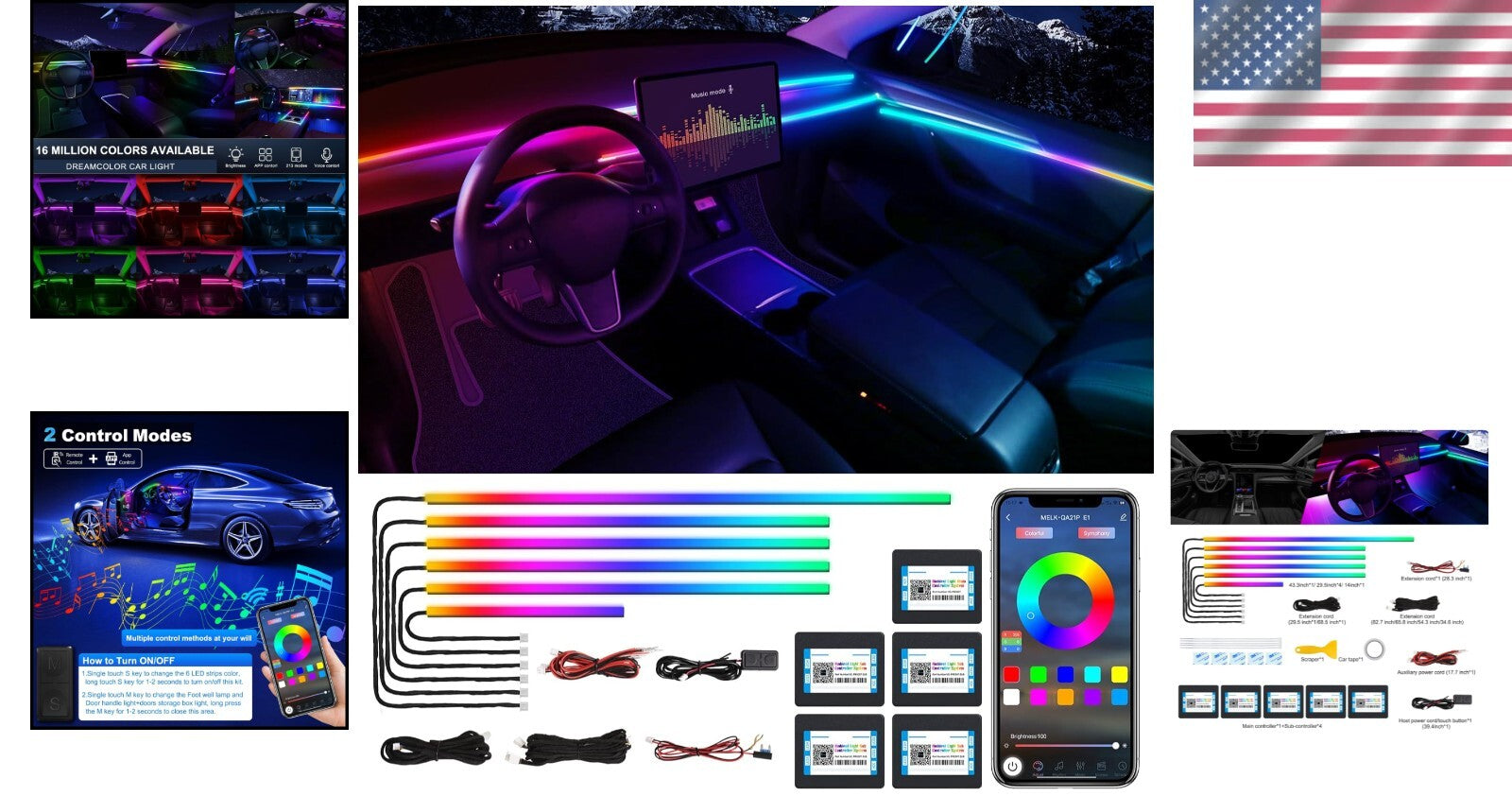Customizable Car Interior LED Lighting Kit - Wireless APP with 16 Million Colors