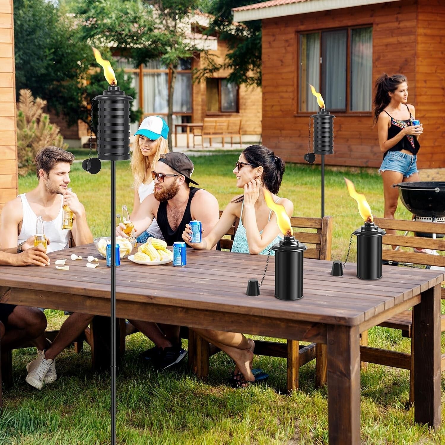 Elegant Black Metal Citronella Torches - Adjustable Height for Outdoor Ambiance
