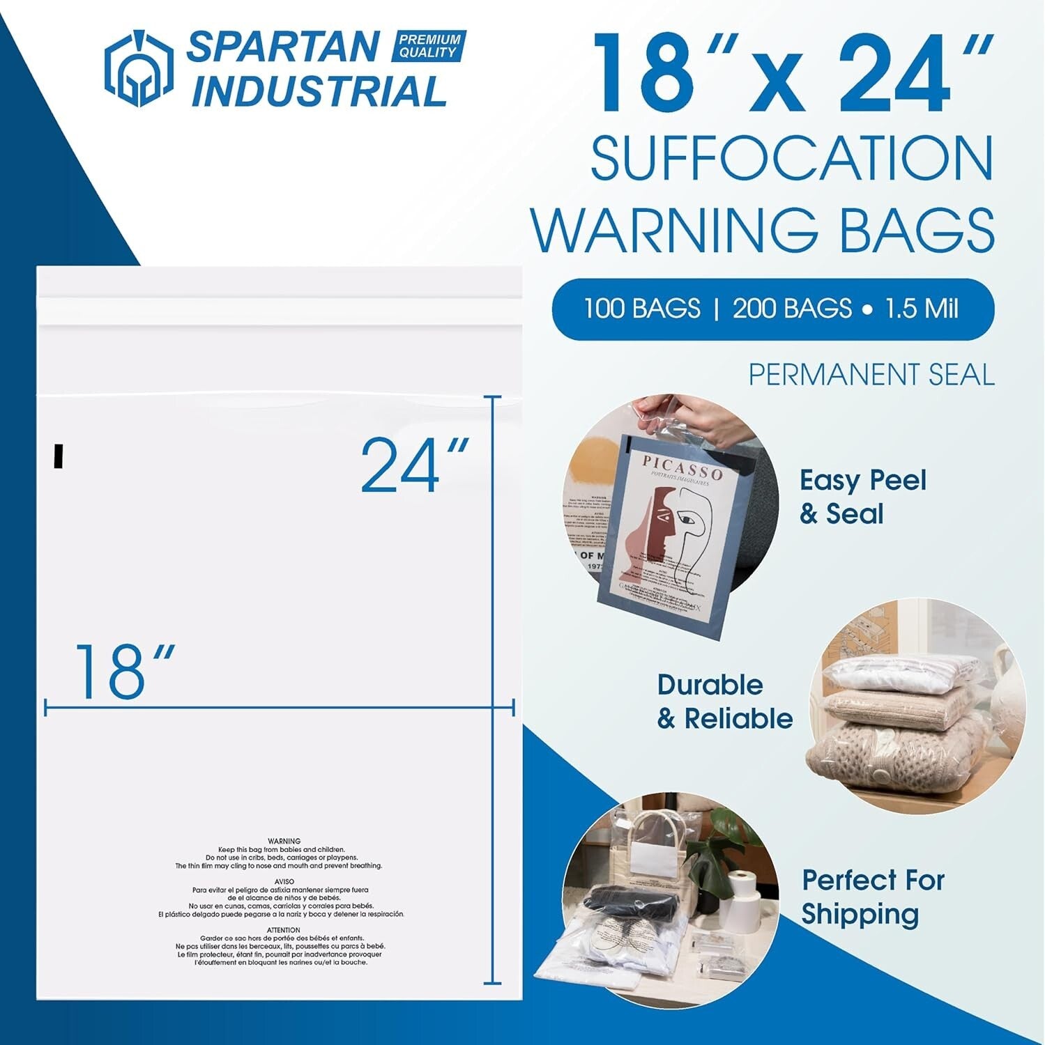 Efficient Self-Seal Clear Bags with Suffocation Warning - 200 Count - 18”x24”