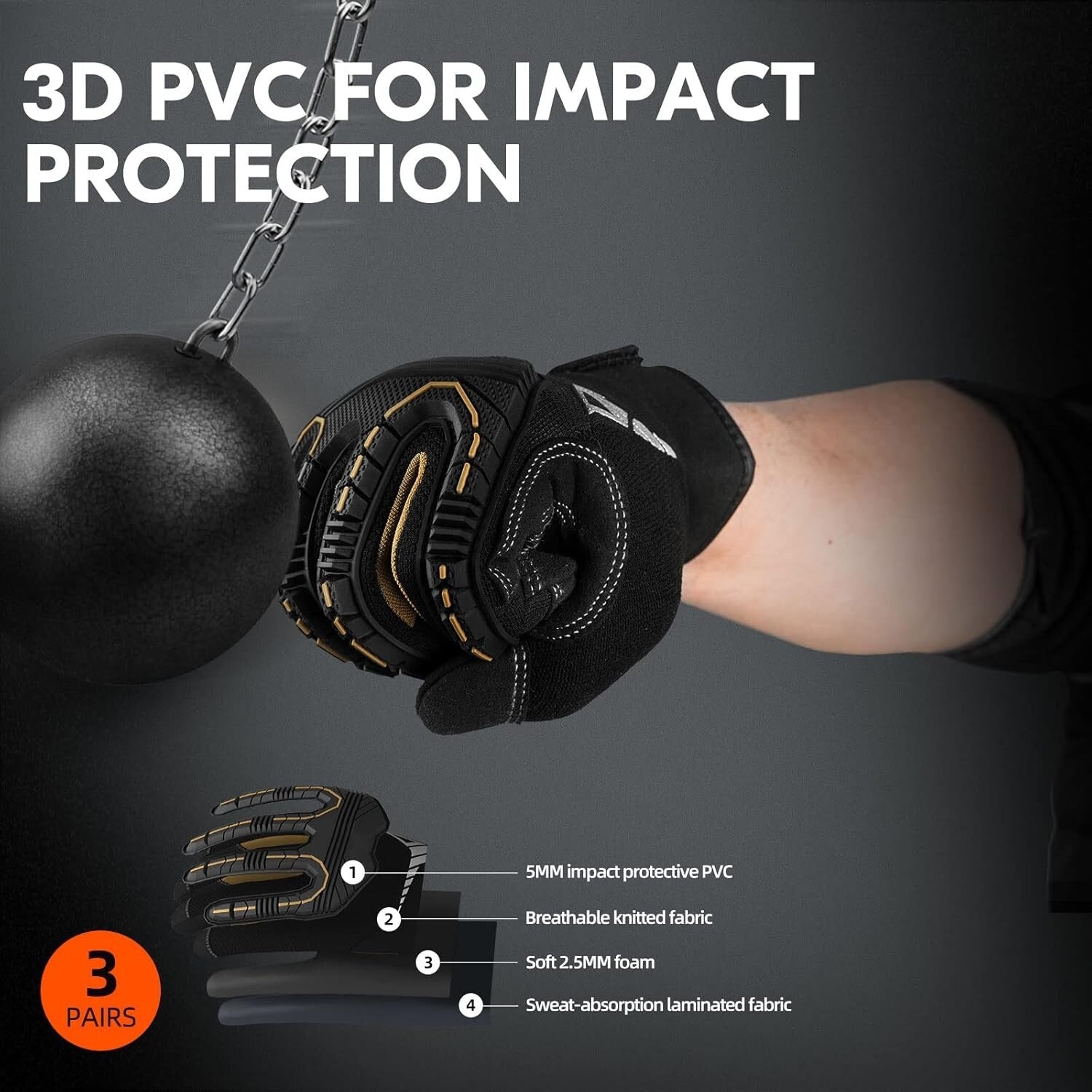 3-Pairs Heavy Duty Synthetic Leather Work Gloves - Impact Protection, Size S