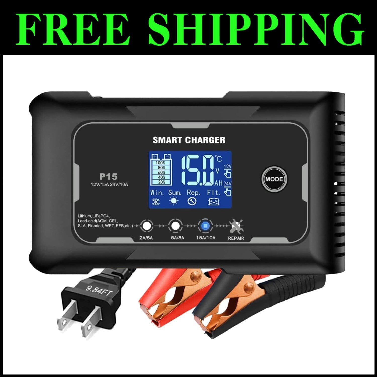 Fully-Automatic 15A Charger for 12V/24V Deep Cycle Batteries with LCD Display