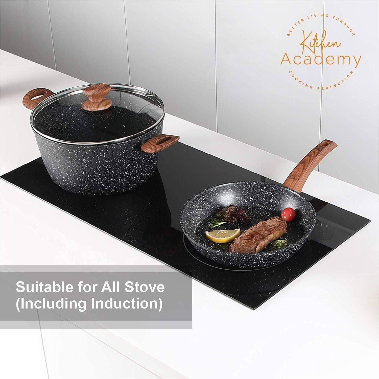 Luxury Induction-Friendly Granite Black Cookware Set - 12 Pieces Included