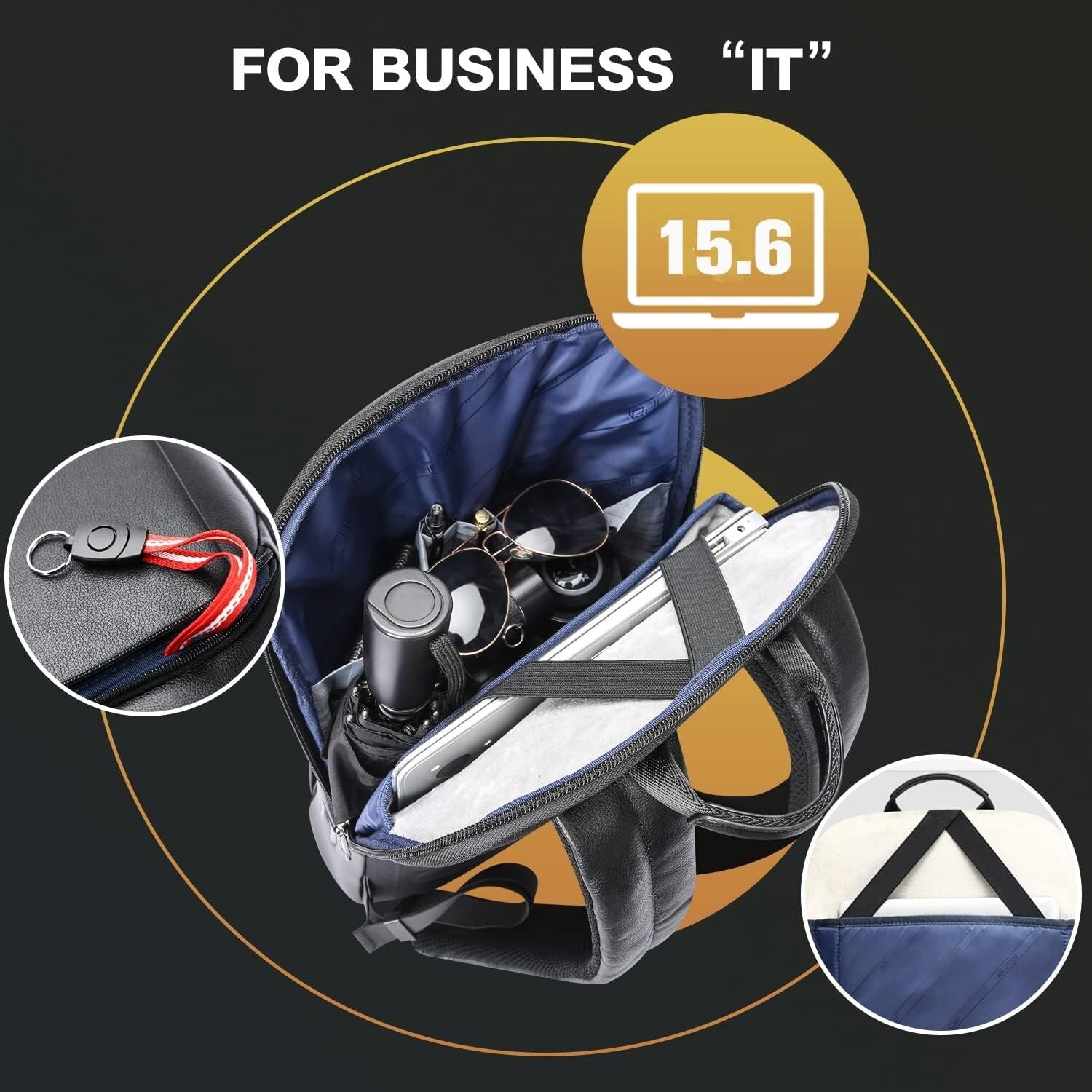 Elegant Black Leather Laptop Rucksack with USB Charging & Hidden Zipper Security